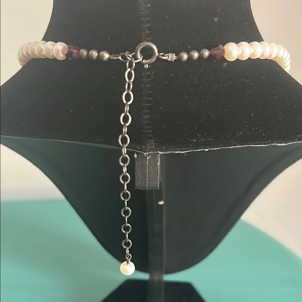 Hand Crafted Classic White Freshwater Pearl and Red Faceted Beaded Necklace Set
